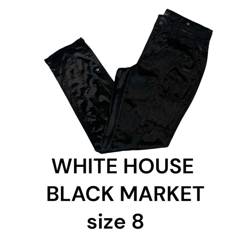 WHBM Womens Black Velour Pants Straight Ankle Sz 4 Utility Roll Tab Hem